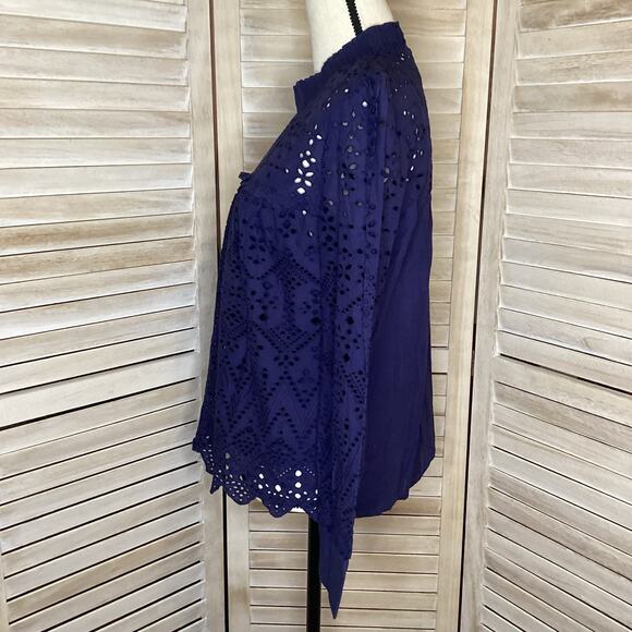 Anthropologie Seen Worn Kept Navy Cotton Eyelet Ruffle High Neck Blouse 6 - Picture 2 of 8